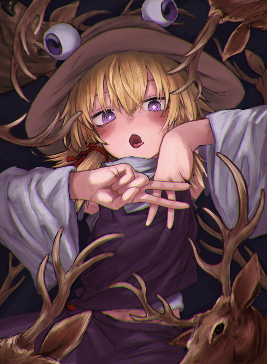 1girl absurdres animal blonde_hair brown_hat deer hair_between_eyes hair_ribbon hat highres long_hair long_sleeves moriya_suwako neritch open_mouth purple_eyes purple_skirt purple_vest red_ribbon ribbon ringed_eyes shirt skirt solo tongue tongue_out touhou tress_ribbon upper_body vest white_shirt wide_sleeves
