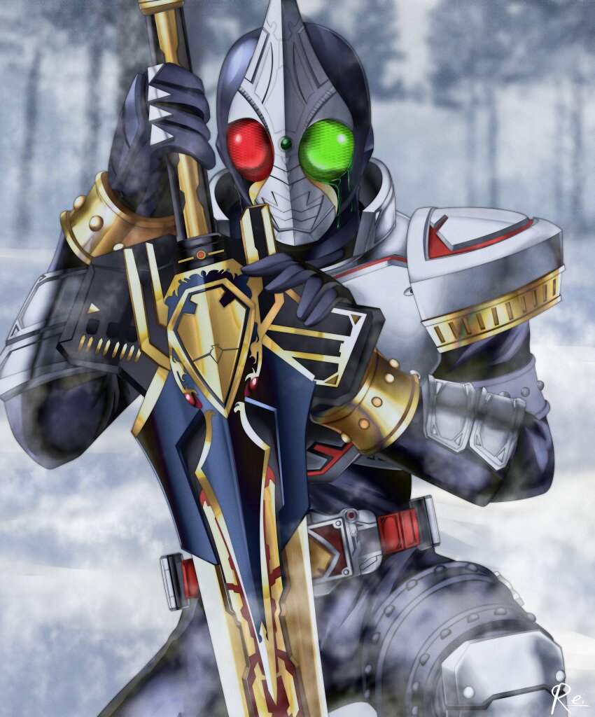1boy absurdres armor black_bodysuit blay_buckle blay_rouzer bodysuit bracelet commentary_request gloves highres holding holding_sword holding_weapon kamen_rider kamen_rider_blade kamen_rider_blade_(series) knight male_focus reiei_8 reverse_grip rider_belt shoulder_armor spade_(shape) struggling studded_bracelet sword transformation weapon winter