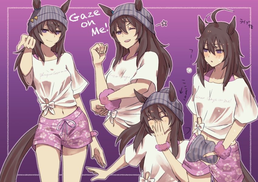 1girl ^_^ ahoge animal_ears arinko_(twoante) beanie blush breasts brown_hair clenched_hands closed_eyes closed_mouth covering_own_mouth ears_through_headwear english_text floral_print floral_swimsuit gaze_on_me!_outfit_(umamusume) grey_headwear hat highres holding holding_unworn_clothes holding_unworn_hat horse_ears horse_girl horse_tail long_hair looking_at_viewer male_swimwear midriff multiple_views nakayama_festa_(umamusume) navel one_eye_closed open_mouth pointing pointing_at_viewer print_male_swimwear print_swim_trunks print_swimsuit purple_eyes purple_male_swimwear purple_swim_trunks scrunchie shirt small_breasts star_(symbol) sweat swim_trunks swimsuit tail tied_shirt translation_request umamusume unworn_hat unworn_headwear white_shirt wrist_scrunchie