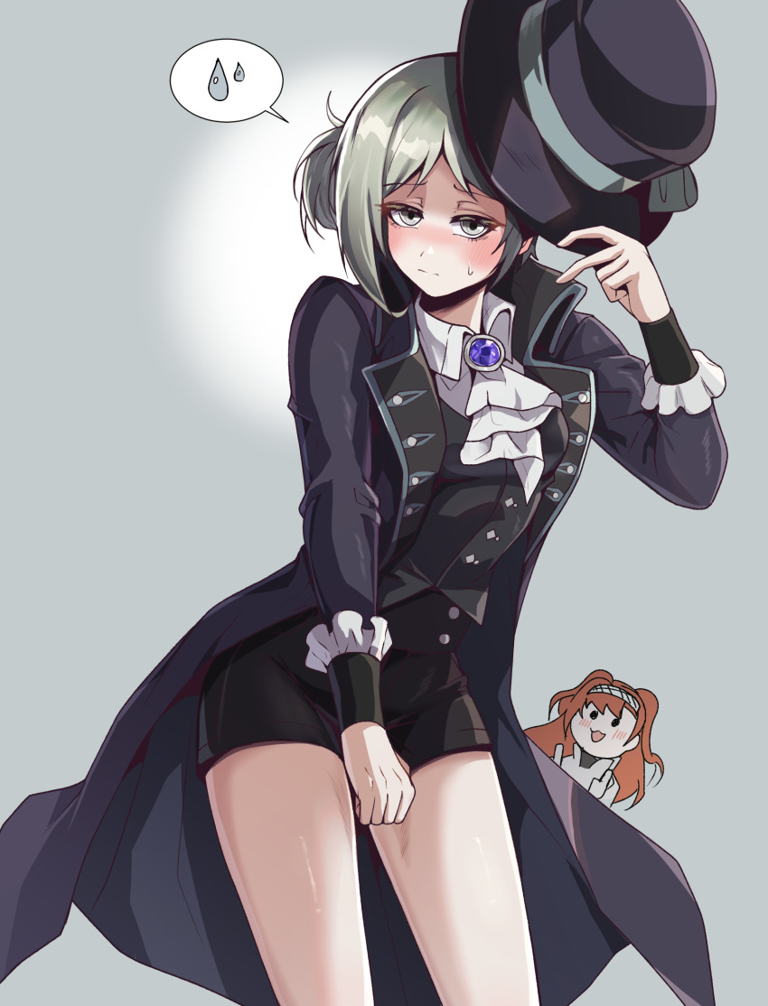 ._. 2girls ascot black_coat black_hat black_skirt black_vest blue_bow blush boater_hat bow checkered_hairband chibi chibi_inset closed_mouth coat collared_shirt cowboy_shot embarrassed grey_background grey_eyes grey_hair hair_bun hairband hand_up hat hat_bow highres holding holding_unworn_clothes holding_unworn_hat long_hair looking_at_viewer miniskirt multiple_girls pencil_skirt reverse:1999 shirt short_hair single_side_bun singwee skirt skirt_tug solo_focus sonetto_(reverse:1999) speech_bubble spoken_sweatdrop sweat sweatdrop unworn_hat unworn_headwear vertin_(reverse:1999) vest waistcoat white_ascot white_shirt
