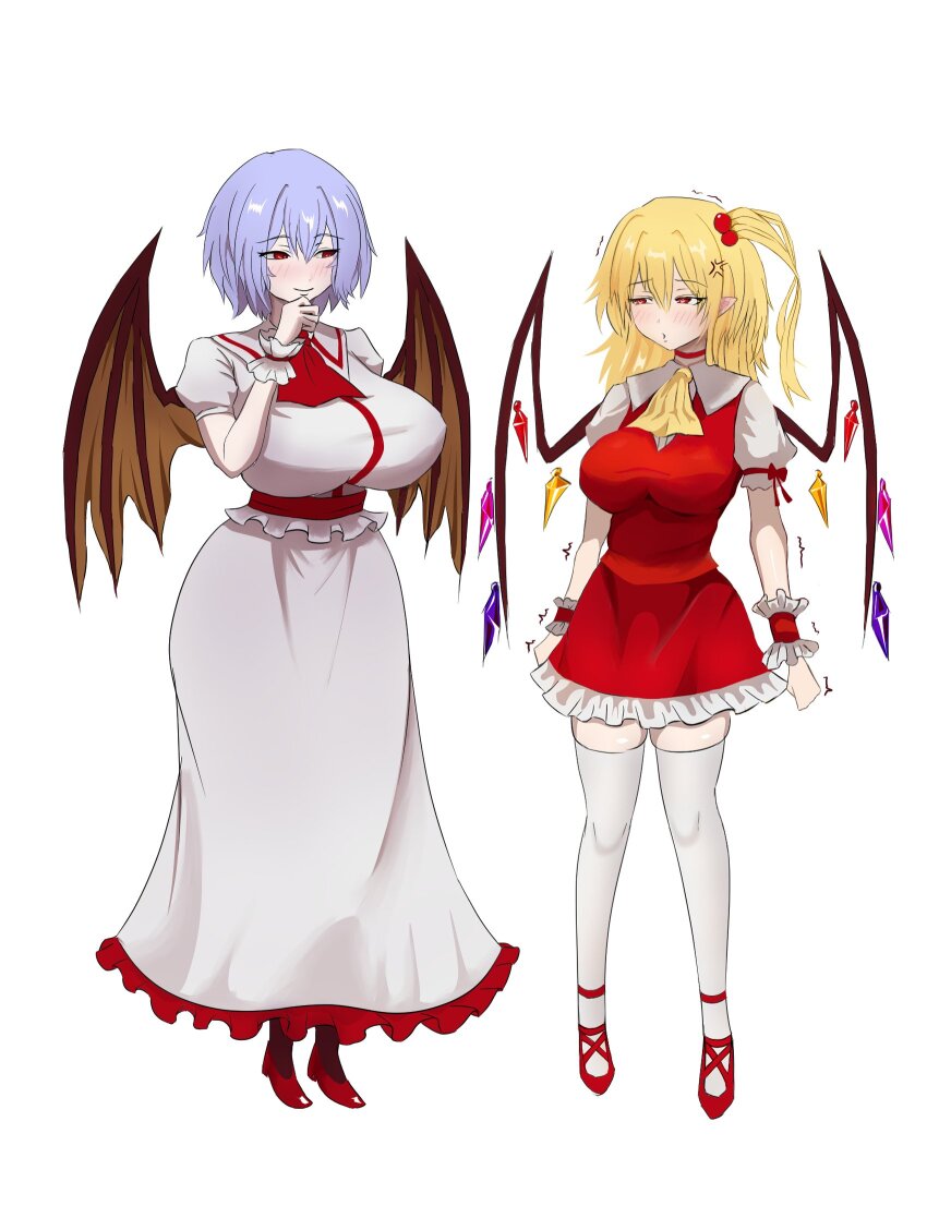 2girls ascot bat_wings blue_hair breasts dress elbow_gloves flandre_scarlet flat_chest frills gloves hair_between_eyes hat highres large_breasts looking_at_viewer merihari07 multiple_girls puffy_short_sleeves puffy_sleeves red_eyes remilia_scarlet shirt short_hair short_sleeves simple_background skirt smile thick_thighs thighhighs thighs touhou white_background wings wrist_cuffs zettai_ryouiki