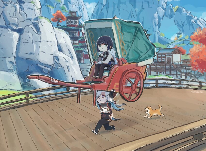 1girl 2girls architecture artist_name asymmetrical_gloves bare_shoulders black_bodysuit black_hair blue_sky blunt_bangs bodysuit bridge chibi chinese_clothes choker crop_top diagonal_stripes dog earrings east_asian_architecture exercising fur_collar fur_trim genshin_impact gloves hair_ornament jewelry laughing medium_hair mountain multiple_girls pagoda rickshaw running shenhe_(genshin_impact) sidelocks sitting sky solo striped tree unamused weightlifting xinzoruo yelan_(genshin_impact)