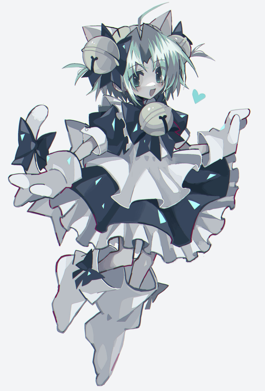 1girl ahoge animal_hat apron asagina_gi bell bow cat_hat cat_tail dejiko di_gi_charat full_body hair_bell hair_ornament hat heart highres looking_at_viewer mittens muted_color neck_bell open_mouth outstretched_arms puffy_short_sleeves puffy_sleeves shoes short_hair short_sleeves simple_background solo tail tail_bow tail_ornament white_apron white_mittens white_shoes
