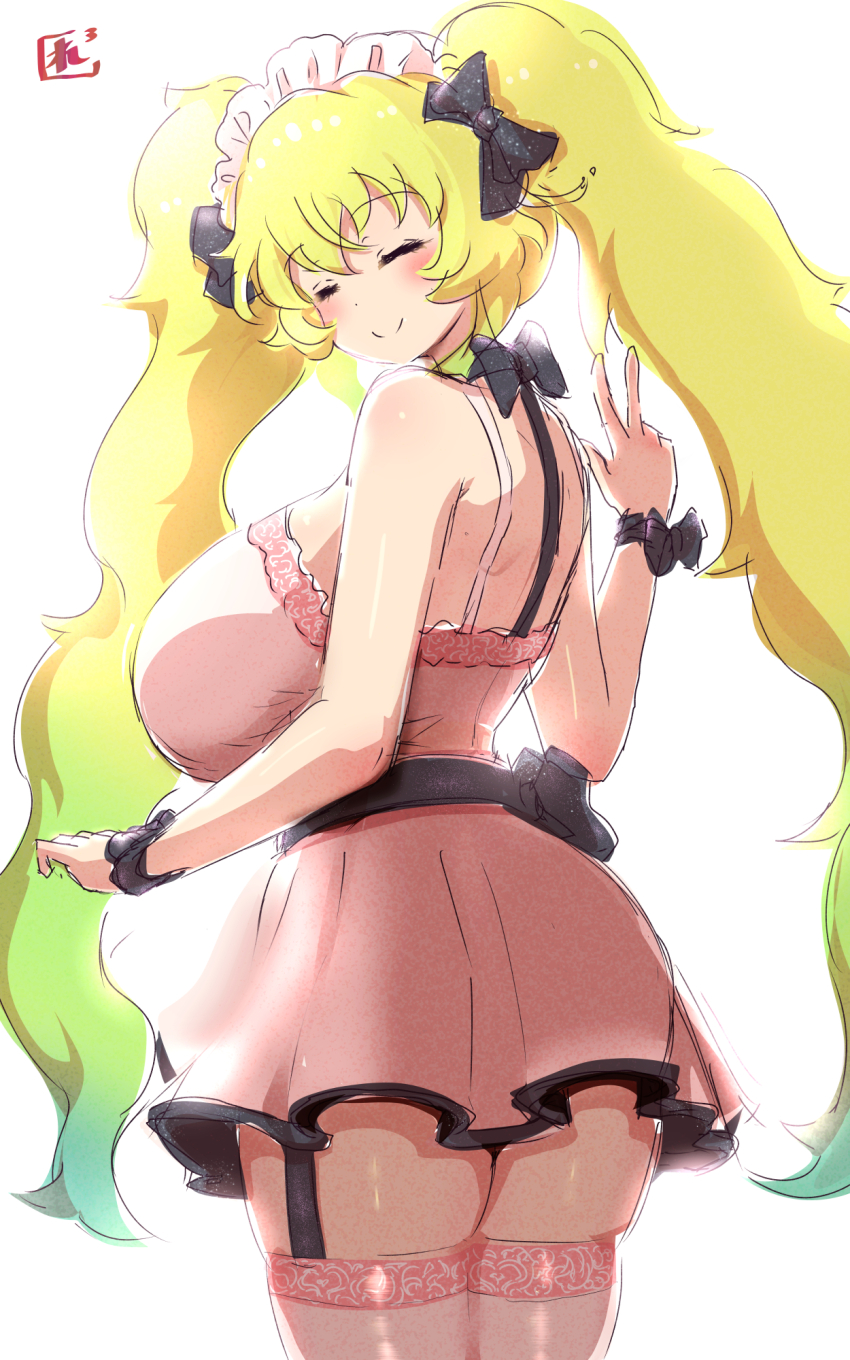 1girl alternate_hairstyle black_bow blonde_hair blush bow breasts closed_eyes dress frilled_hairband frills from_behind garter_straps gradient_hair green_hair hair_bow hairband huge_breasts kobayashi-san_chi_no_maidragon long_hair long_twintails looking_back lucoa_(maidragon) maid_headdress multicolored_hair pink_dress pink_thighhighs reiwa_rerere sash sleeveless sleeveless_dress smile solo standing thighhighs twintails v w wrist_bow