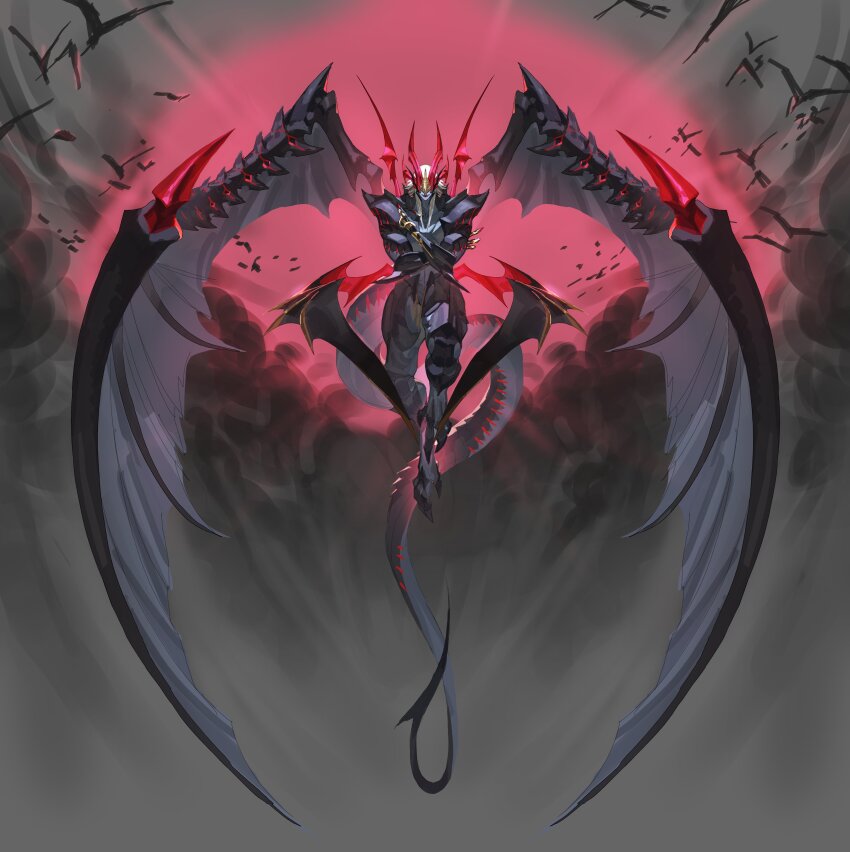1boy absurdres bat_(animal) black_skin black_wings claws colored_skin colored_teeth crossed_arms digitigrade dragon_boy dragon_horns dragon_tail dragon_wings facing_viewer flying full_body grey_background grey_skin grey_wings grin highres horns leviair light_brown_hair long_hair male_focus monster_boy multiple_horns multiple_wings no_eyes original red_horns red_teeth sidelocks smile solo tail very_long_tail wings