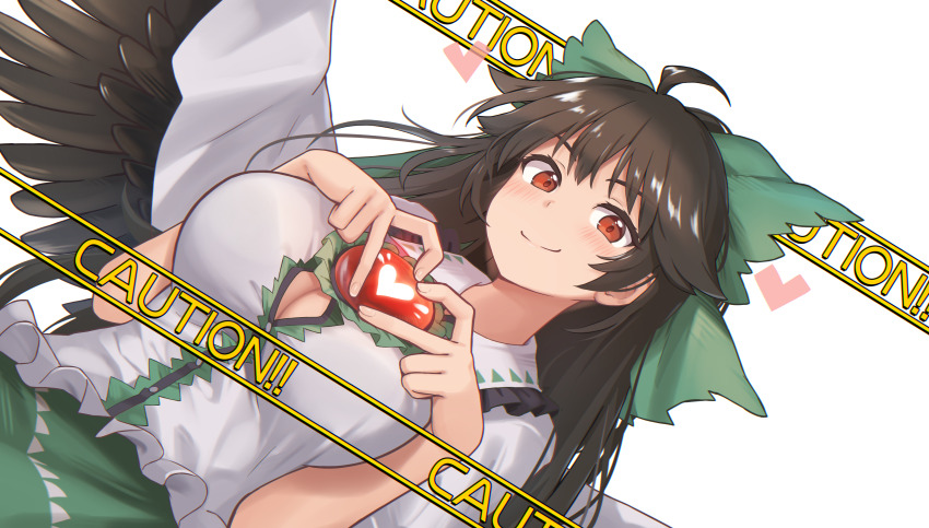 1girl four-finger_heart_hands absurdres black_wings blush bow breasts brown_hair caution cleavage closed_mouth collared_shirt commentary_request feathered_wings frilled_shirt_collar frills green_bow green_skirt hair_bow heart heart_hands highres large_breasts long_hair looking_at_viewer red_eyes reiuji_utsuho shiratsuki_shiori shirt short_sleeves simple_background skirt smile solo third_eye touhou upper_body white_background white_shirt wings