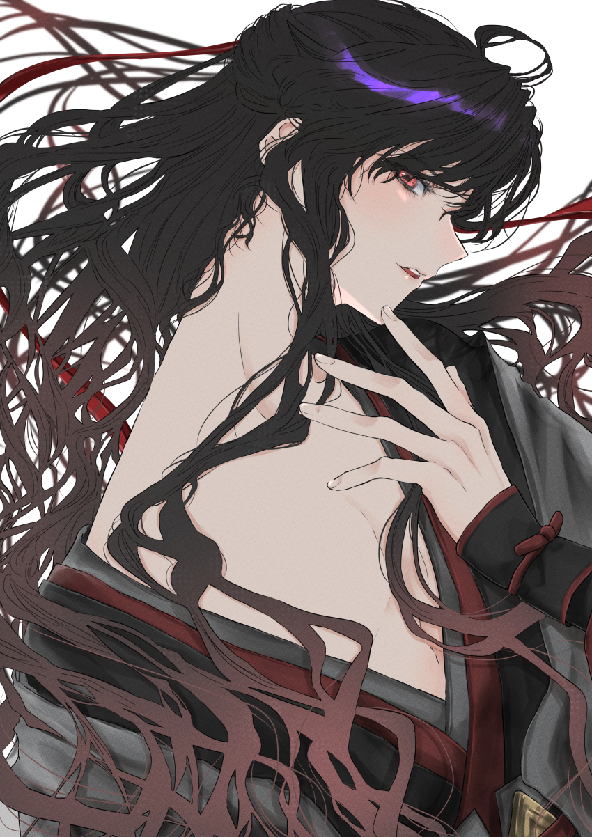 1boy absurdres ahoge androgynous bare_shoulders bishounen black_hair black_hanfu blush brown_hair chinese_clothes coat eyelashes floating_hair from_side girly_boy grey_coat hair_down hair_ribbon half_updo hand_on_own_chin hand_up hanfu highres lips long_hair long_sleeves looking_at_viewer male_focus modao_zushi naruse_(kmk648) off_shoulder official_alternate_costume official_alternate_hairstyle open_clothes open_coat parted_lips pectoral_cleavage pectorals profile red_eyes red_ribbon ribbon robe sidelocks simple_background single_bare_shoulder sleeves_past_wrists smile solo upper_body vambraces very_long_hair wei_wuxian wei_wuxian_(yiling_laozu) white_background wide_sleeves
