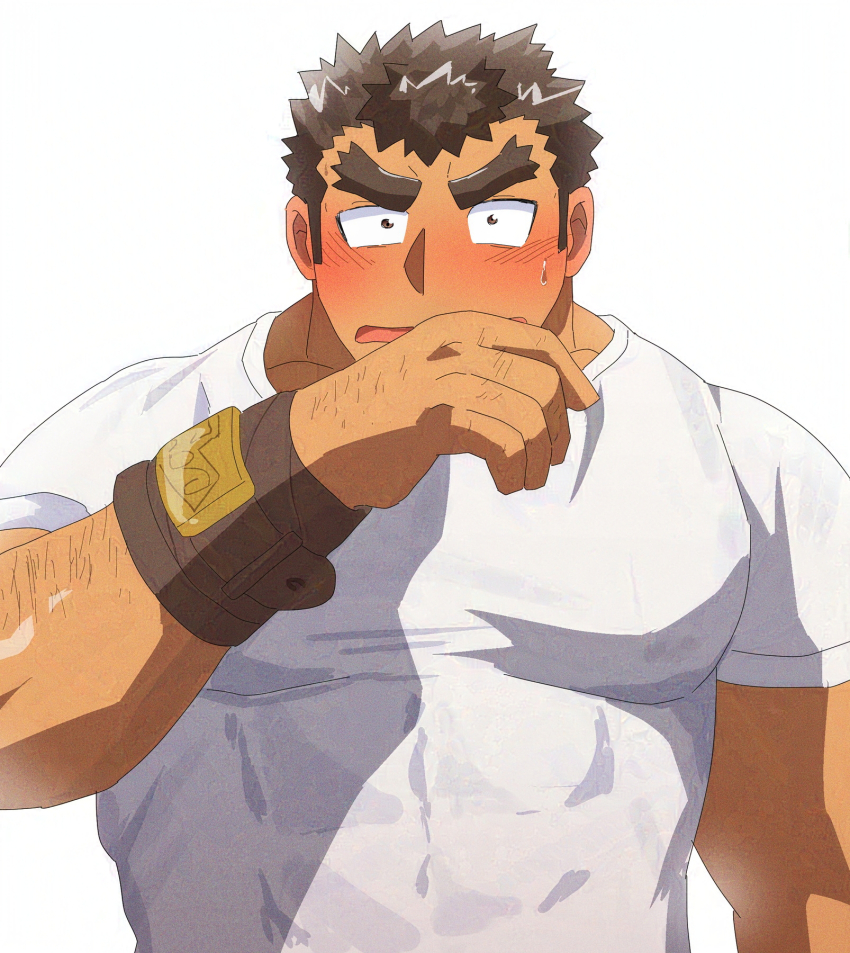 1boy bara blush brown_hair constricted_pupils covering_own_mouth facial_hair forked_eyebrows hairy hand_hair hand_over_own_mouth highres huge_eyebrows knuckle_hair large_pectorals looking_at_viewer male_focus muscular muscular_male pectorals sanpaku short_hair shy solo sparse_arm_hair straight-on strongman_waist stubble suna_sand1 sweat takabushi_kengo thick_eyebrows tokyo_houkago_summoners upper_body wavy_mouth