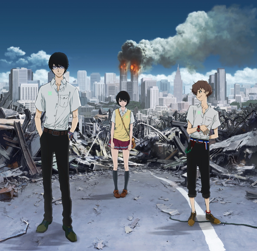 10s 1girl 2boys bag belt black_hair building cityscape cloud collared_shirt day destruction explosion expressionless fire full_body glasses handbag hands_in_pockets highres kneehighs loafers looking_at_viewer miniskirt mishima_lisa multiple_boys nine_(zankyou_no_terror) official_art outdoors pocket rubble ruins school_uniform shirt shoes short_hair skirt sky skyscraper smoke socks standing sweater_vest terrorist twelve_(zankyou_no_terror) watch white_shirt zankyou_no_terror