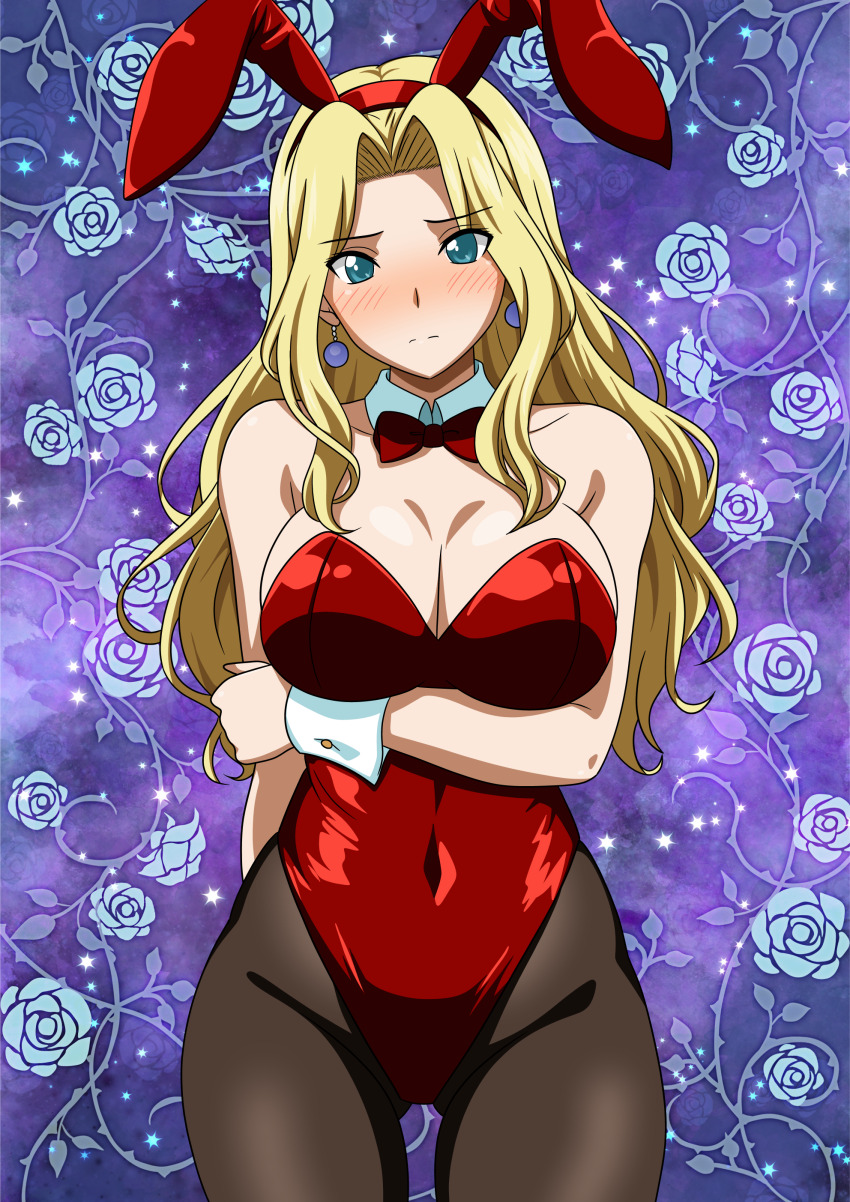 1girl absurdres animal_ear_hairband animal_ears black_pantyhose blonde_hair blue_background blue_eyes bow bowtie breasts celes_chere cleavage covered_navel cowboy_shot detached_collar fake_animal_ears final_fantasy final_fantasy_vi floral_background gluteal_fold hairband highres large_breasts leotard long_hair pantyhose playboy_bunny rabbit_ears red_bow red_bowtie red_leotard rose_background solo strapless strapless_leotard wrist_cuffs yuuyuu_(3jjbn)