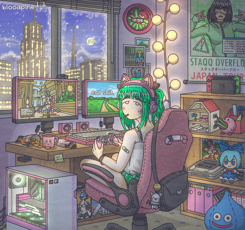1girl absurdly_detailed_composition animal_ear_headphones animal_ears bloodpine cameo cat_ear_headphones chips_(food) cirno commentary computer computer_tower controller copyright_request desktop_(computing) diddy_kong doll_house donkey_kong donkey_kong_(series) dragon_quest fake_animal_ears final_fantasy final_fantasy_vi final_fantasy_xiv food fumo_(doll) game_console green_hair headphones highres holding holding_controller hot_chocolate indoors inkling_player_character kirby kirby_(series) loaded_interior looking_at_viewer merchandise microsoft_windows monitor moogle multiple_monitors nintendo nintendo_switch no_pants original otaku otaku_room panties pizza_chips playing_games playstation_controller pocky poster_(object) profanity re:zero_kara_hajimeru_isekai_seikatsu rem_(re:zero) shelf sitting slime_(dragon_quest) snow solo splatoon_(series) stack_overflow stuffed_toy super_famicom taskbar touhou underwear