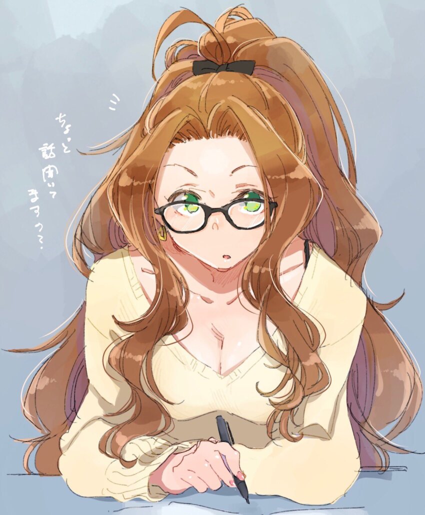 1girl ahoge bespectacled black-framed_eyewear black_ribbon blush bow bra_strap breasts brown_hair cleavage collarbone earrings elbows_on_table glasses green_eyes grey_background hair_bow hair_ribbon highres holding holding_pen idolmaster idolmaster_million_live! idolmaster_million_live!_theater_days jewelry long_hair long_sleeves looking_at_viewer medium_breasts morihito nail_polish nikaido_chizuru parted_lips pen pink_nails ponytail ribbon simple_background sitting solo sweater very_long_hair yellow_sweater