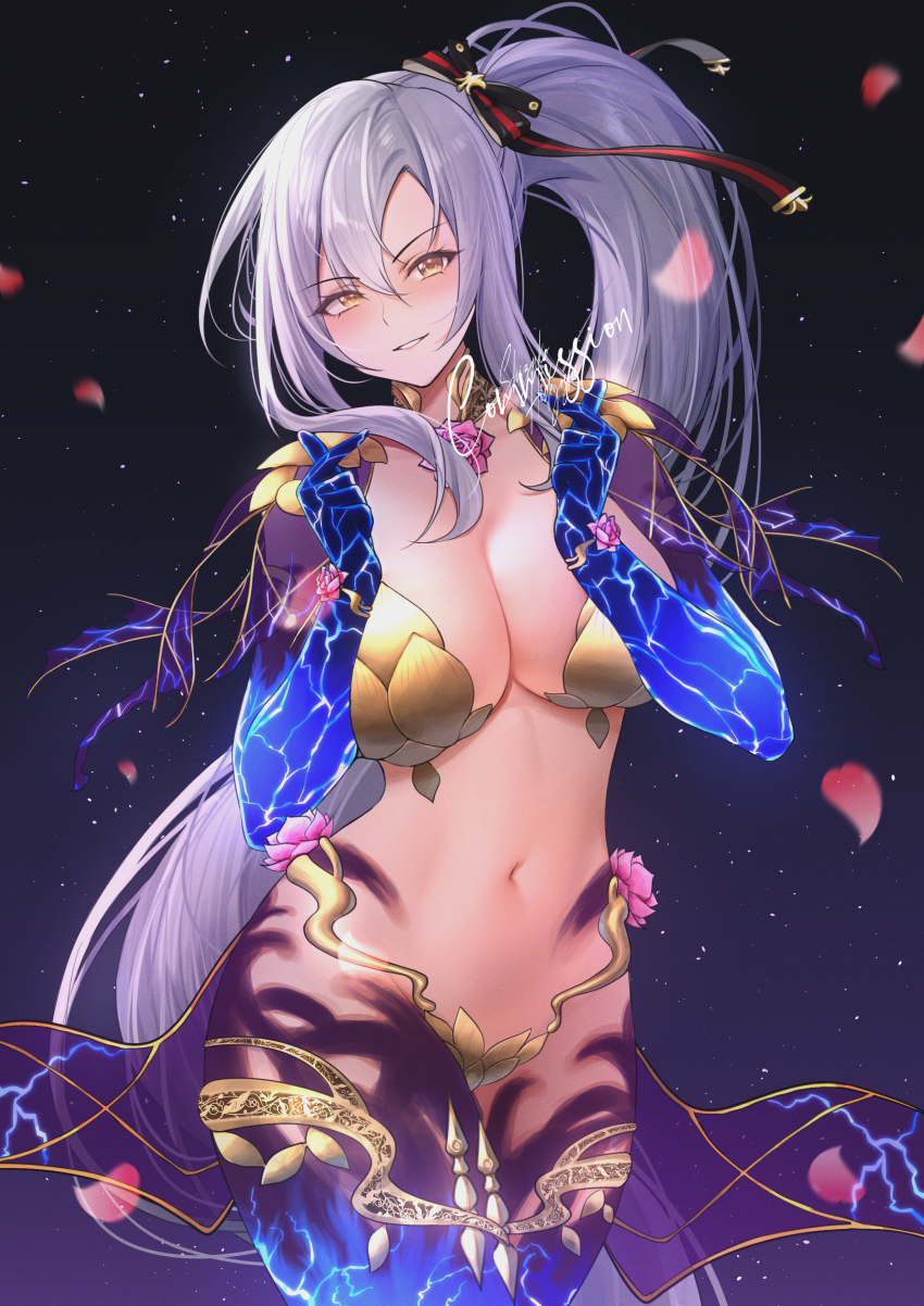 1girl absurdres armor azur_lane bikini_armor body_markings breasts collar commission cosplay crossover drake_(azur_lane) falling_petals fate/grand_order fate_(series) flower gold_armor hair_ribbon highres kama_(fate) kama_(fate)_(cosplay) kama_(third_ascension)_(fate) large_breasts long_hair looking_at_viewer lotus metal_bikini metal_bra metal_bracelet metal_collar midriff navel petals purple_skirt purple_sleeves red_ribbon ribbon shizuko_hideyoshi simple_background skirt smile solo stomach thighs yellow_eyes