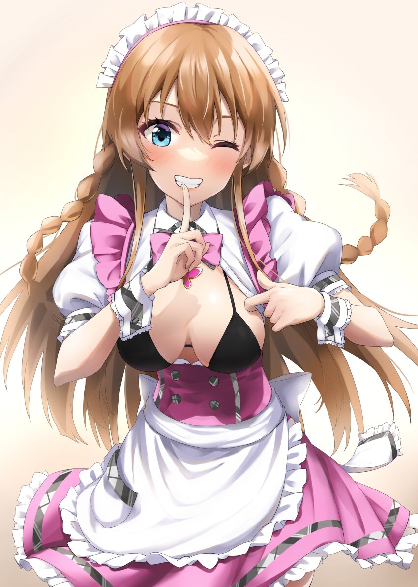 1girl absurdres apron black_bra black_wrist_cuffs blue_eyes blurry bow bowtie bra braid breasts breasts_apart brown_background brown_hair clothes_pull cowboy_shot depth_of_field dot_nose dress fingers_to_mouth floating_hair frilled_apron frills gradient_background grin hands_up highres idolmaster idolmaster_million_live! idolmaster_million_live!_theater_days index_finger_raised juliet_sleeves kousaka_umi long_hair long_sleeves looking_at_viewer medium_breasts one_eye_closed pink_bow pink_bowtie pink_dress pretty_waitress_(idolmaster) puffy_sleeves raidensan shirt shirt_pull short_sleeves simple_background smile solo twin_braids two-tone_wrist_cuffs underwear waist_apron waist_bow white_apron white_bow white_headdress white_shirt white_wrist_cuffs wrist_cuffs
