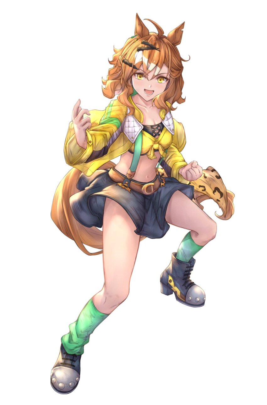 1girl animal_ears ankle_boots black_boots blue_skirt boots breasts brown_hair collarbone commentary_request crop_top full_body hair_between_eyes hair_ornament highres horse_ears horse_girl horse_tail jacket jungle_pocket_(umamusume) lace-up_boots long_sleeves looking_at_viewer midriff multicolored_hair navel notched_ear peperoncino-sama simple_background skirt small_breasts steel-toe_boots suspender_skirt suspenders tail umamusume white_background white_hair yellow_eyes yellow_jacket