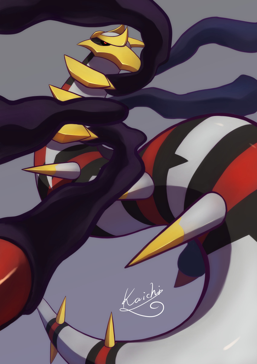 absurdres black_sclera colored_sclera commentary_request gen_4_pokemon giratina giratina_(origin) grey_background highres horns kaichi_(tomiyu25) legendary_pokemon nintendo no_humans pokemon pokemon_(creature) red_eyes signature simple_background solo spikes