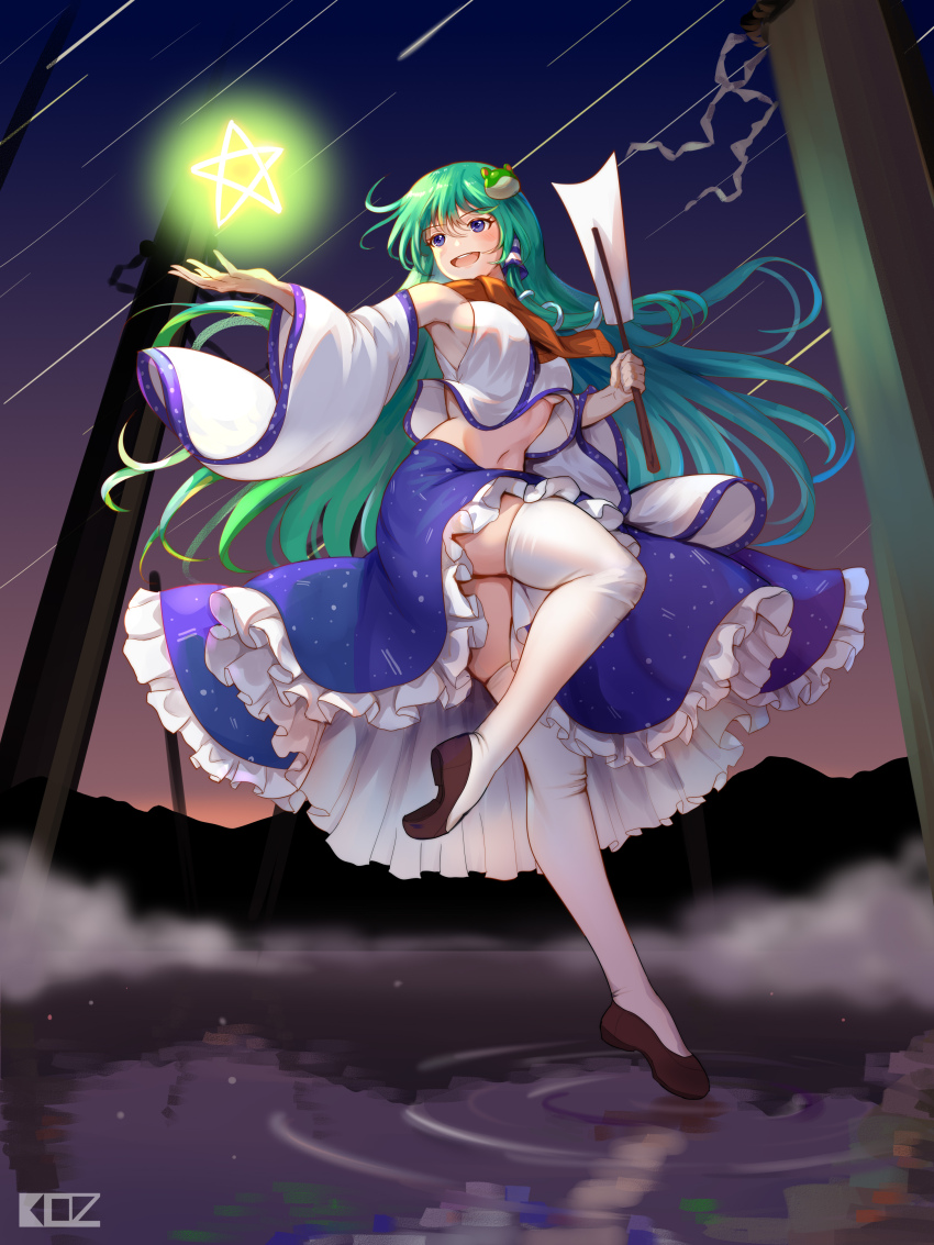 1girl absurdres blue_skirt blush breasts detached_sleeves edz_drawz frog frog_hair_ornament full_body gohei green_eyes green_hair hair_ornament hair_tubes highres holding holding_gohei kochiya_sanae large_breasts long_hair looking_to_the_side navel open_mouth outdoors pentagram shirt skirt smile snake snake_hair_ornament solo thighhighs touhou white_shirt white_thighhighs