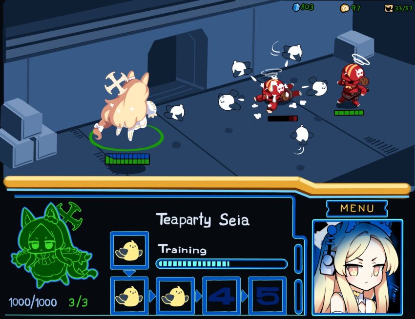 3girls animal_ears battle bird blonde_hair blue_archive brown_hair commentary fake_screenshot flying fox_ears fox_tail gameplay_mechanics halo headband hm_(hmongt) long_hair looking_at_viewer multiple_girls parody poop seia_(blue_archive) serious starcraft sukeban_(smg)_(blue_archive) tail