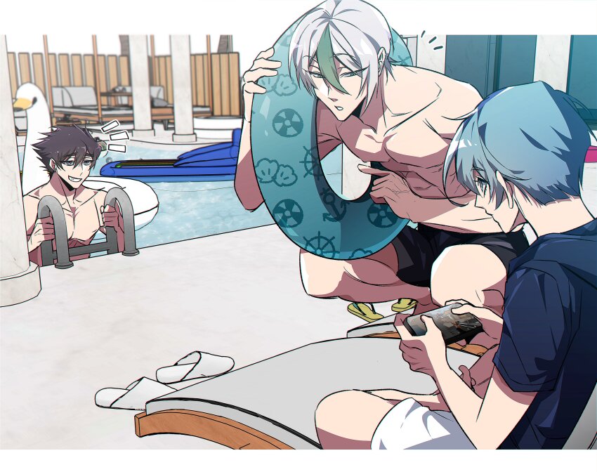 3boys absurdres black_hair black_shorts blue_eyes blue_hair blue_lock blue_shirt cellphone chair closed_mouth dan9ang full_body green_eyes green_hair grin highres holding holding_phone karasu_tabito male_focus multicolored_hair multiple_boys otoya_eita phone poolside profile shirt short_hair short_sleeves shorts sitting smartphone smile topless_male tsurime two-tone_hair upper_body white_hair white_shorts you_hiori