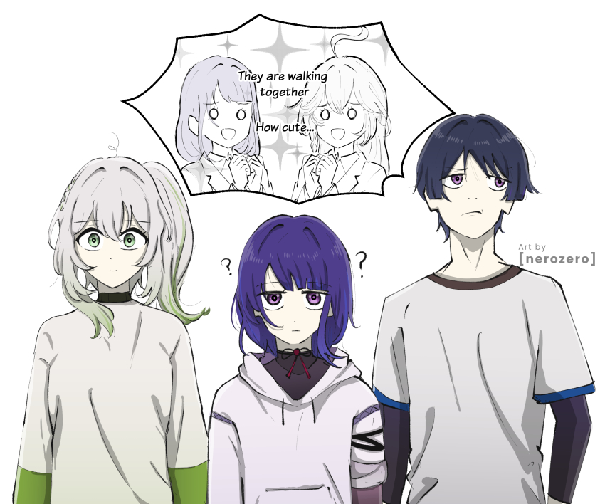 1boy 4girls ? ahoge alternate_costume alternate_universe arms_at_sides artist_name asymmetrical_sleeves black_hair black_sleeves blue_sleeves blunt_bangs blunt_ends bright_pupils brother_and_sister business_suit clenched_hands closed_mouth clothing_cutout collared_shirt colored_skin contemporary cross-laced_clothes cross-laced_sleeves double-parted_bangs drawstring expressionless facing_viewer family formal_clothes genshin_impact gradient_hair green_eyes green_hair green_sleeves hair_between_eyes hair_intakes half_crown_braid highres hood hood_down hoodie lapels layered_sleeves long_hair looking_at_viewer looking_up multicolored_hair multiple_girls nahida_(genshin_impact) nerozero o_o office_lady open_mouth own_hands_together parted_bangs purple_eyes purple_hair raiden_shogun red_ribbon ribbon rukkhadevata_(genshin_impact) sanpaku scaramouche_(genshin_impact) shirt shoulder_cutout siblings side_ponytail sidelocks single_sidelock smile suit t-shirt white_background white_hair white_hood white_hoodie white_pupils white_shirt white_skin white_sleeves