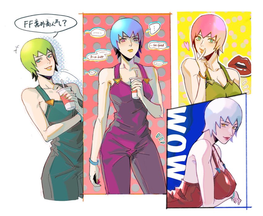 1girl alternate_color blue_eyes blue_hair breasts cleavage closed_mouth commentary cup drinking drinking_straw english_commentary english_text foo_fighters_(jojo) green_hair green_overalls hako_iix07 heart highres holding jojo_no_kimyou_na_bouken large_breasts light_blue_hair lips looking_at_viewer overalls parted_lips pink_eyes red_lips short_hair smile speech_bubble stone_ocean translation_request yellow_eyes yellow_lips