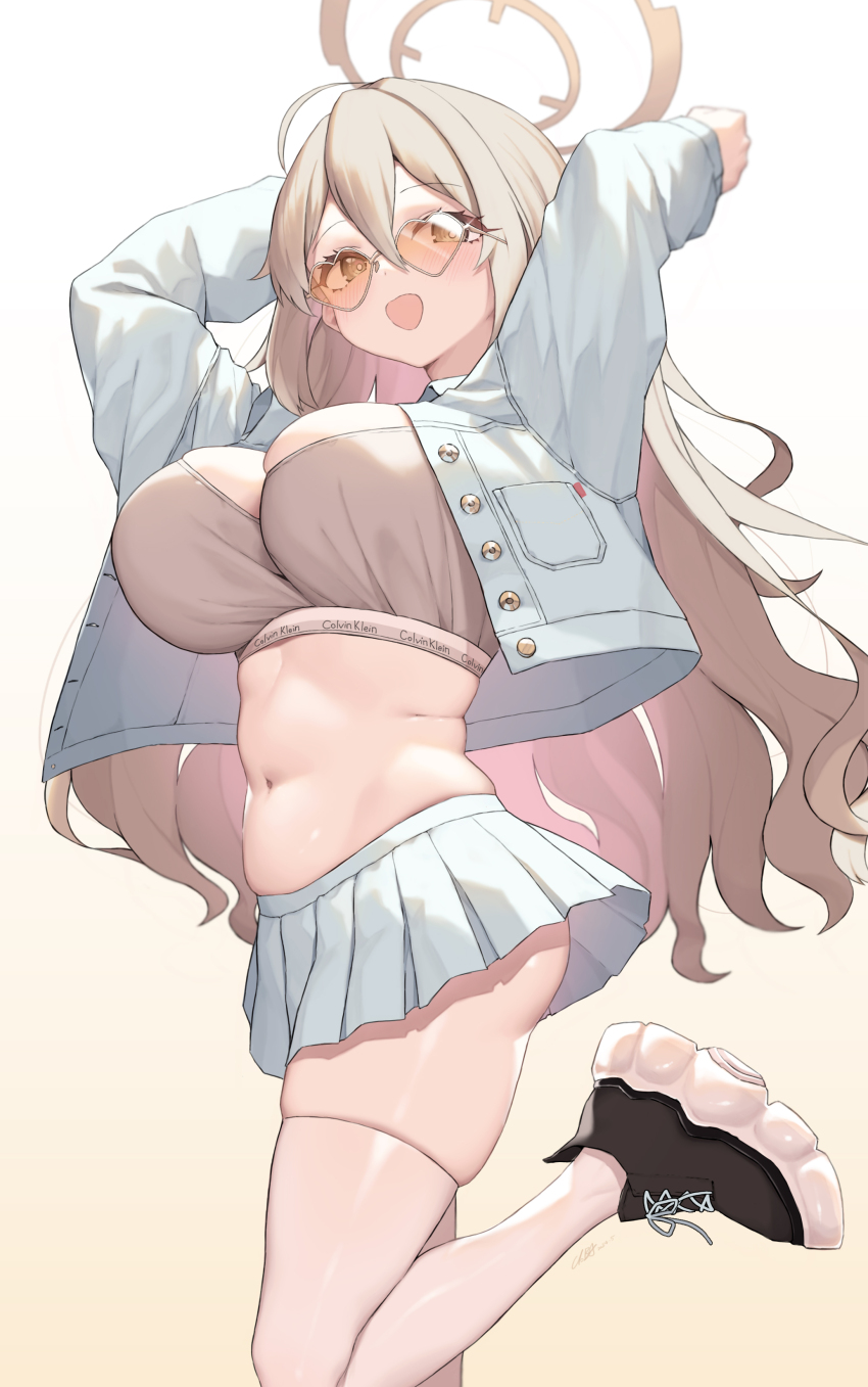 1girl absurdres ahoge akane_(blue_archive) arms_up ass black_shoes blue_archive breasts bright_pupils brown-tinted_eyewear calvin_klein cloba clothes_writing commentary cropped_jacket gradient_background gradient_hair grey_jacket grey_skirt hair_between_eyes halo heart heart-shaped_eyewear highres jacket large_breasts light_blush light_brown_hair long_hair long_sleeves looking_at_viewer miniskirt multicolored_hair navel open_clothes open_jacket open_mouth pink_hair pleated_skirt pocket shoes skindentation skirt smile sneakers solo standing standing_on_one_leg sunglasses thighhighs thighs tinted_eyewear underbutt very_long_hair white_background white_pupils