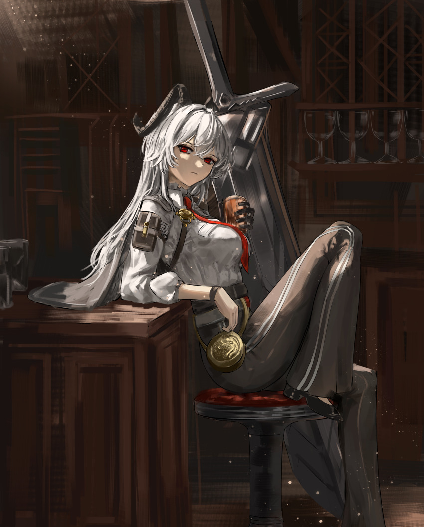 1girl absurdres arkilide arm_pouch black_gloves black_horns black_pants black_pouch black_shoes breasts chest_harness closed_mouth collared_shirt commentary cup curled_horns gloves grey_hair harness high-waist_pants highres holding holding_cup horns indoors knee_up large_breasts long_hair looking_at_viewer necktie pants red_eyes red_necktie shirt shirt_tucked_in shoes single_glove sitting solo white_shirt wuthering_waves zani_(wuthering_waves)