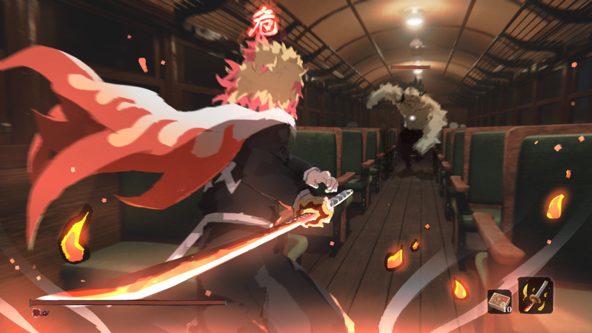 2boys bento black_pants black_shirt blonde_hair blurry_edges demon demon_slayer_uniform facing_away flame_print haori health_bar holding holding_sword holding_weapon japanese_clothes katana kimetsu_no_yaiba multiple_boys overhead_lights pants rengoku_kyoujurou samidare_(hoshi) sekiro:_shadows_die_twice shirt sword train_interior user_interface weapon