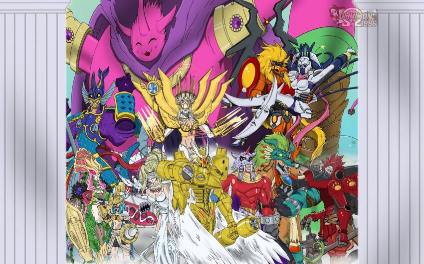 apollomon armor bacchusmon blonde_hair ceresmon dianamon digimon digimon_(creature) highres junomon jupitermon looking_at_viewer marsmon mercurymon minervamon muscular muscular_male neptunemon olympos_xii venusmon vulcanusmon