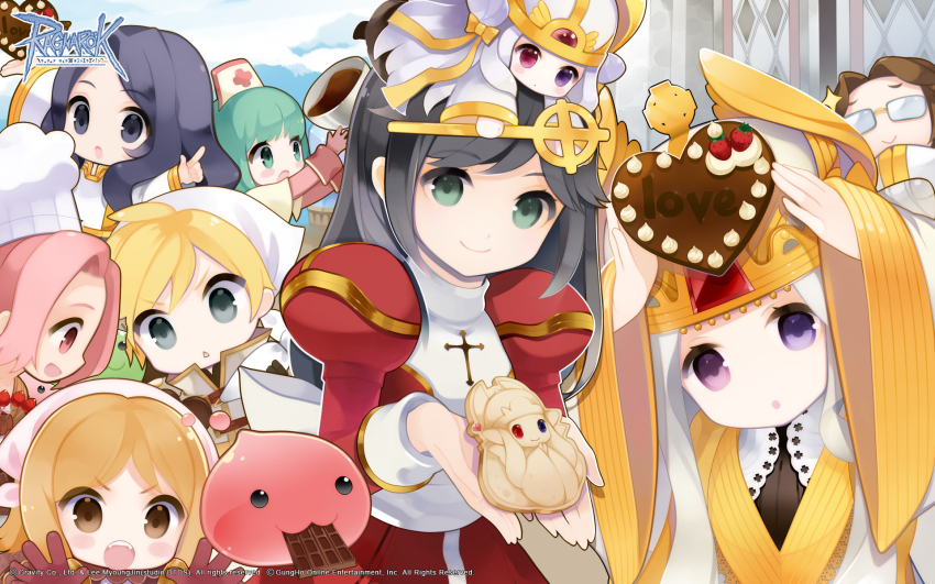 1boy 6+girls :3 :o acolyte_(ragnarok_online) black_eyes black_hair blonde_hair blush candy character_cookie character_doll chef_hat chocolate chocolate_bar chocolate_heart chocolate_syrup closed_mouth copyright_notice cross crown doll dress food gem glasses green_eyes green_hair grey_eyes hat headscarf heart heart-shaped_food heterochromia high_priest_(ragnarok_online) highres index_finger_raised juliet_sleeves logo long_hair long_sleeves looking_at_viewer mage_(ragnarok_online) merchant_(ragnarok_online) multiple_girls nemma niren nurse_cap official_art official_wallpaper opaque_glasses open_mouth outdoors pink_eyes pink_hair pope_(ragnarok_online) poporing poring puffy_sleeves purple_eyes puti_devil ragnarok_online red_dress red_gemstone sash short_hair slime_(creature) smile tanghulu thief_(ragnarok_online) two-tone_dress upper_body white_dress white_hat white_headscarf white_sash