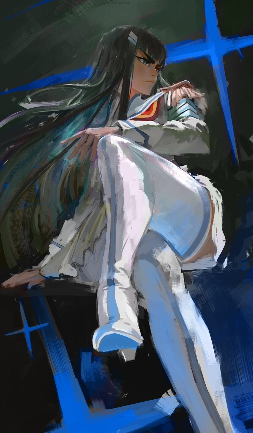 1girl black_hair blue_eyes blue_sailor_collar boots crossed_legs daodtt epaulettes hair_ornament highres junketsu kill_la_kill kiryuuin_satsuki life_fiber long_hair long_sidelocks sailor_collar school_uniform sidelocks sitting skirt thick_eyebrows thighhighs white_boots