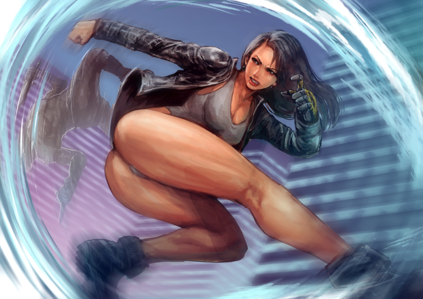 1girl absurdres angry ass black_jacket breasts building cirenk city clenched_hand clenched_teeth cyberpunk full_body highres jacket large_breasts legs leotard night original roundhouse_kick solo teeth thick_thighs thighs v-shaped_eyebrows white_leotard