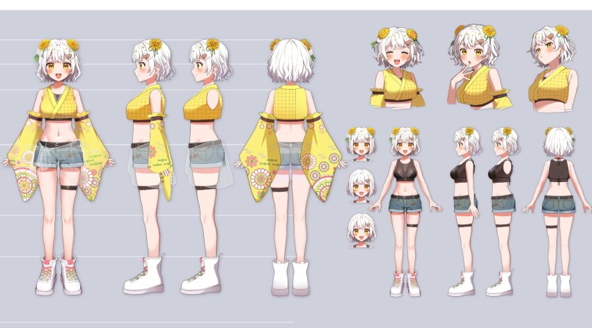 1girl :d :o :t aruminsuko bare_shoulders belt black_belt black_bra bra breasts closed_eyes closed_mouth crop_top cropped_arms cropped_kimono cropped_torso dandelion dandelion_clock detached_sleeves flower from_behind from_side full_body grey_background grey_shorts hair_flower hair_ornament highres indie_virtual_youtuber japanese_clothes kimono long_sleeves medium_breasts midriff multiple_views navel open_mouth reference_sheet second-party_source shoes short_hair shorts sleeveless sleeveless_kimono smile sneakers standing tampopo-chan_(vtuber) thigh_strap underwear virtual_youtuber white_hair white_shoes wide_sleeves yellow_eyes yellow_flower yellow_sleeves