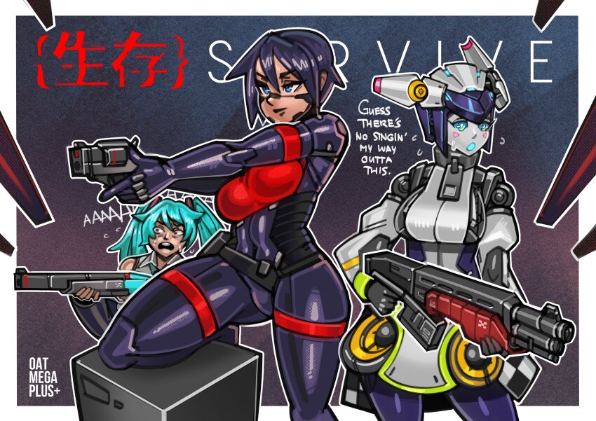 3girls absurdres android black_hair blue_eyes blue_hair blue_necktie chinese_text collared_shirt dia_(world_flipper) double-barreled_rifle elster_(signalis) english_text gun handgun hatsune_miku highres multiple_girls necktie oatmegaplus revolver shirt shotgun signalis sleeveless sleeveless_shirt twintails vocaloid weapon world_flipper