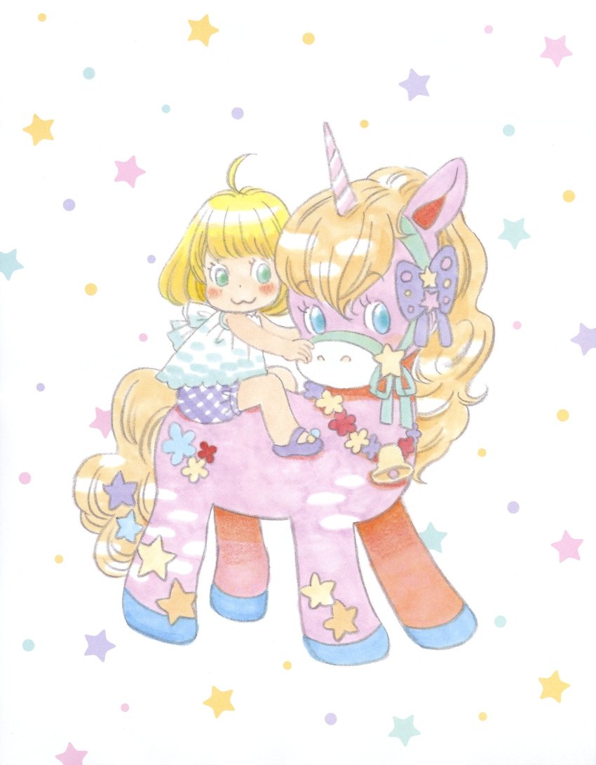 1girl ahoge back_bow beads bell blonde_hair bloomers blouse blunt_bangs bow child closed_mouth colorful dot_nose facing_viewer flower full_body green_eyes green_ribbon hair_ornament highres horns kawamoto_momo light_blush mary_janes pale_color pastel_colors plaid polka_dot polka_dot_background polka_dot_shirt purple_flower purple_ribbon purple_shoes red_flower reins ribbon riding sangatsu_no_lion shirt shoes short_hair sideways_glance simple_background single_horn smile solo star_(symbol) star_hair_ornament star_symbol_background umino_chika underwear unicorn white_background white_shirt wreath yellow_flower