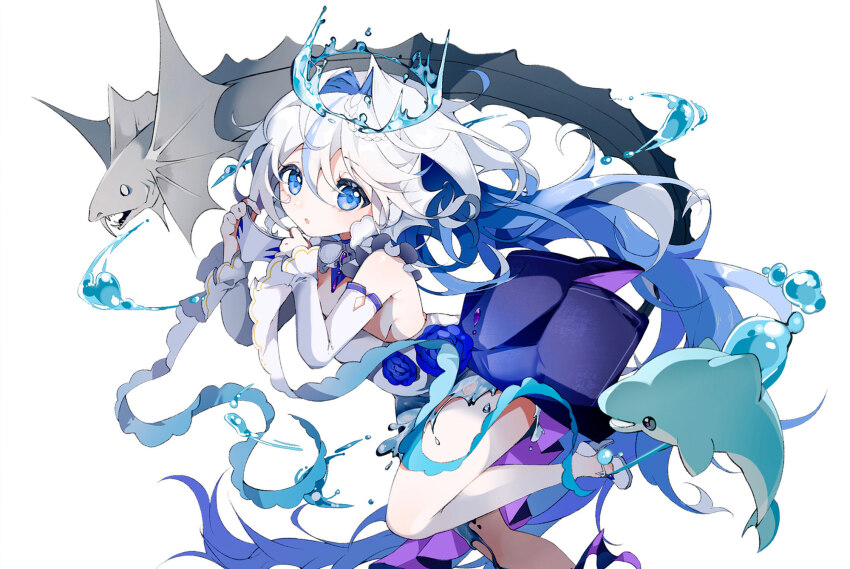 1girl :o animal artist_request asymmetrical_legwear bare_shoulders blue_eyes breasts bubble character_request copyright_request crown detached_sleeves dolphin dragon dress fangs feet_out_of_frame game_cg hanging_breasts highres one_leg_raised shoes single_thighhigh skirt thighhighs water water_bender water_crown white_background white_hair