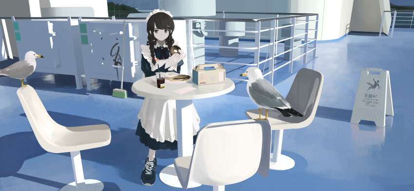 1girl absurdres apron bird blue_bow blue_bowtie blue_dress bow bowtie braid broom brown_eyes brown_hair chair closed_mouth commentary cup disposable_cup donut dress drinking_straw english_commentary food full_body hair_ornament highres holding holding_food juliet_sleeves long_hair long_sleeves looking_at_viewer maid maid_headdress original orval puffy_sleeves seagull ship_deck solo standing takeout_container twin_braids white_apron x_hair_ornament