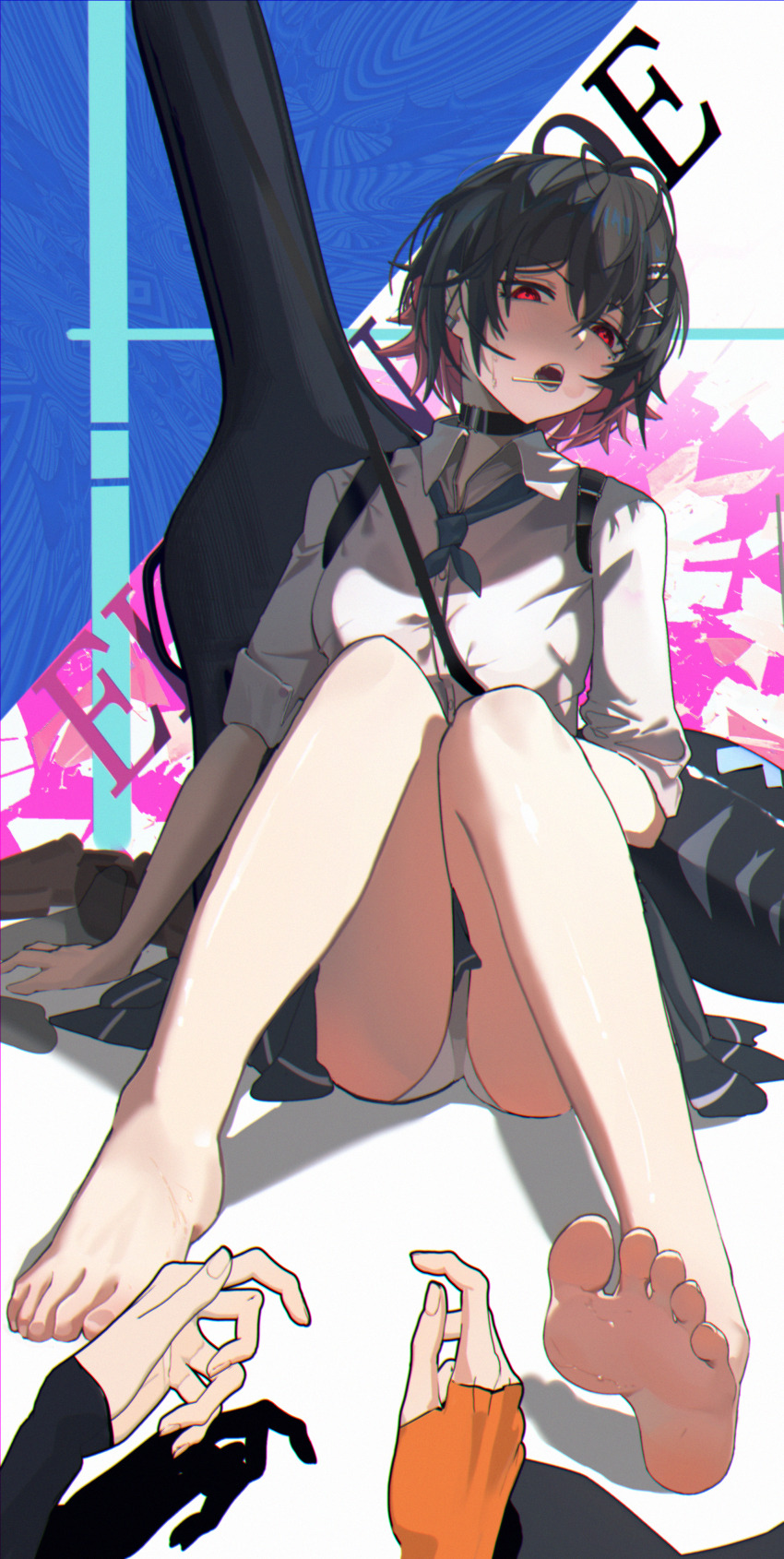 1girl 1other absurdres barefoot belle_(zenless_zone_zero) bigchaping black_choker black_hair black_skirt blue_neckerchief blush breasts candy choker colored_inner_hair commentary_request ellen_joe ellen_joe_(on_campus) feet fins fish_tail food guitar_case hair_between_eyes hair_ornament hairclip highres instrument_case knees_up lollipop lollipop_in_mouth looking_at_viewer mole mole_under_eye mouth_hold multicolored_hair neckerchief open_mouth out_of_frame panties pov razor_blade_hair_ornament red_eyes red_hair shark_girl shark_tail shirt short_hair sitting skirt sleeves_rolled_up solo_focus sweat tail toes underwear white_panties white_shirt x_hair_ornament zenless_zone_zero