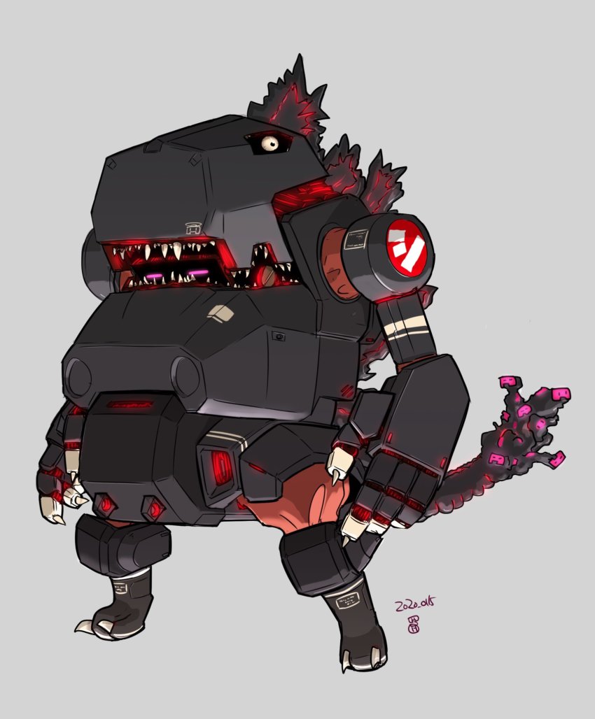 arms_at_sides black_eyes dated fusion godzilla godzilla_(series) godzilla_(shin) grey_background highres jgsdf_type_07_tank_nacchin mecha moi_moi7 no_humans open_hands original robot science_fiction shin_godzilla solo tail