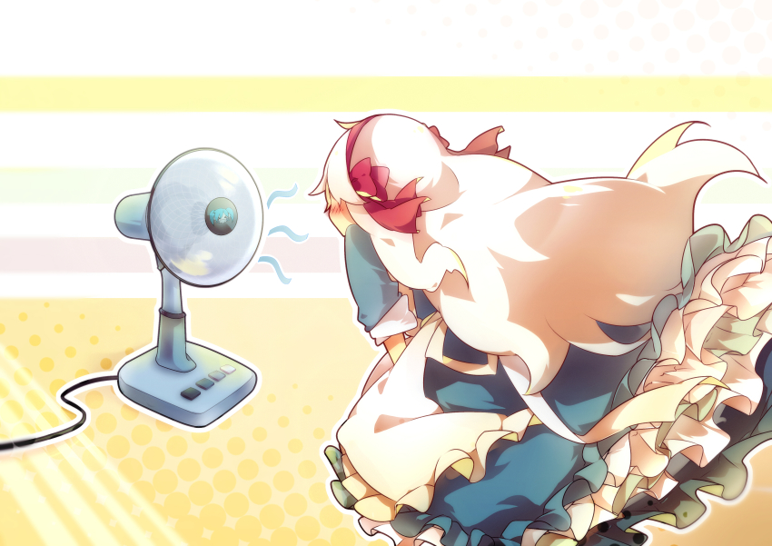 1girl absurdres aka_tonbo_(lililil) blush dress electric_fan ene_(kagerou_project) fan_speaking fanning_face female_focus highres kagerou_project kozakura_marry long_hair solo vocaloid