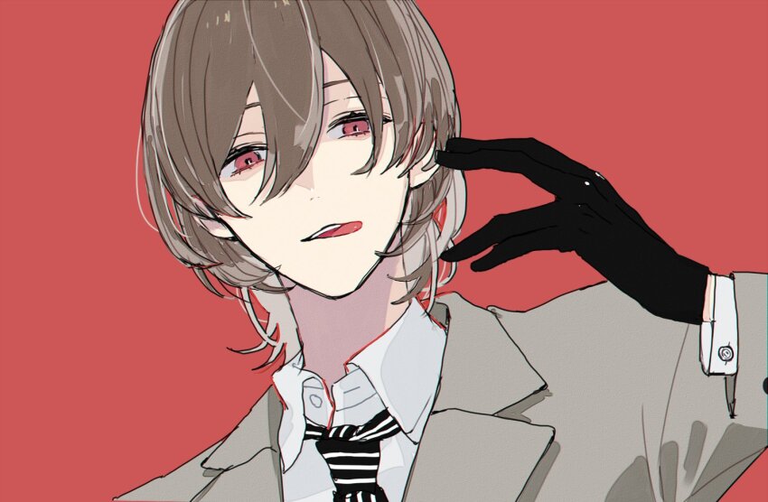 1boy akechi_gorou arm_up black_gloves brown_hair collared_shirt diagonal-striped_clothes diagonal-striped_necktie gloves grey_jacket hair_behind_ear hair_between_eyes jacket lapels layered_sleeves licking_lips long_sleeves looking_at_viewer male_focus meimei_hituzi necktie notched_lapels parted_lips persona persona_5 red_eyes shirt solo striped_clothes striped_necktie suit_jacket teeth tongue tongue_out white_shirt wing_collar