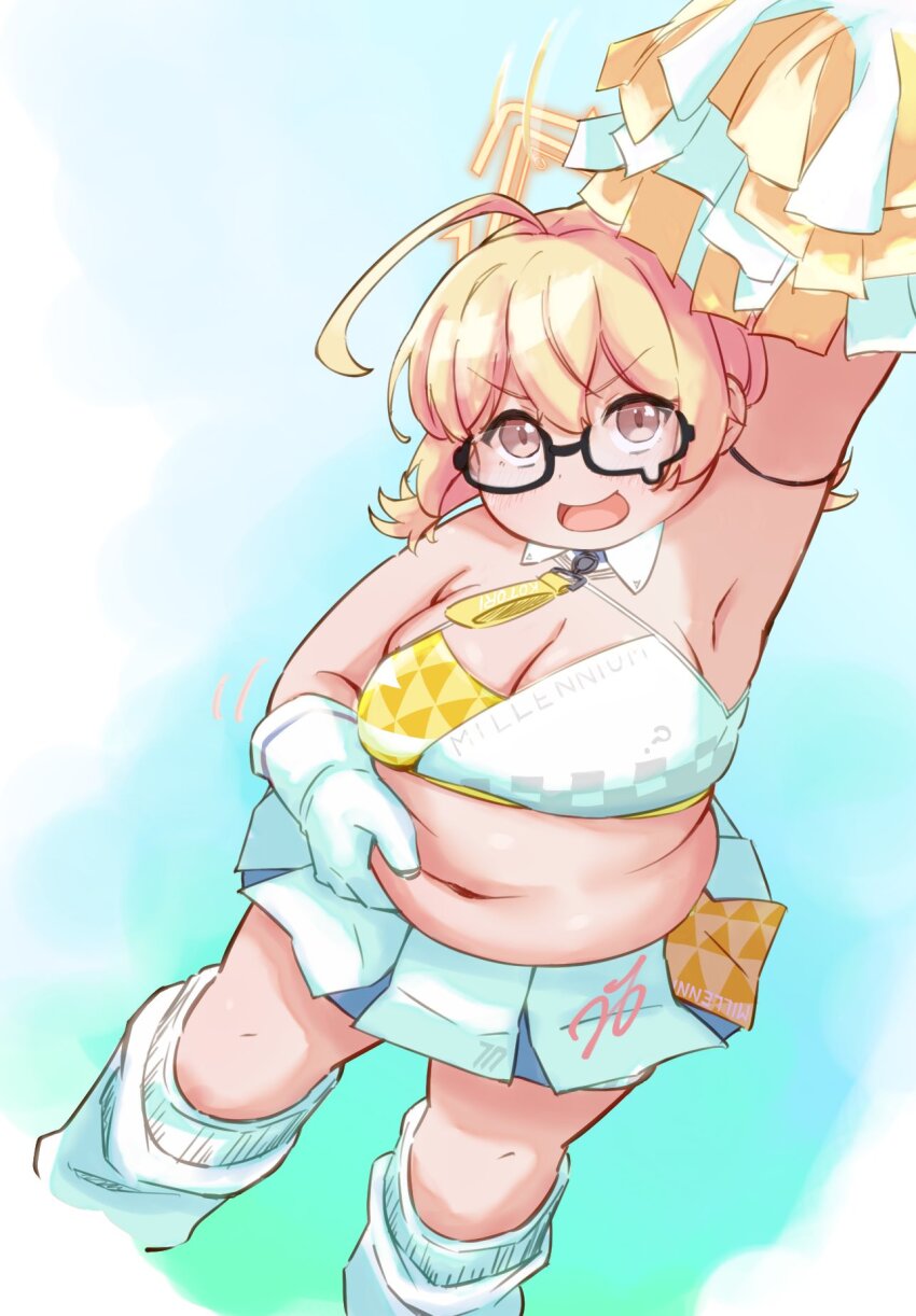 1girl ahoge alternate_body_size alternate_breast_size belly belly_grab black-framed_eyewear blonde_hair blue_archive bra breasts brown_eyes cheering cheerleader detached_collar eyewear_on_head fat fat_woman glasses gloves hand_on_own_stomach highres holding holding_pom_poms kotori_(blue_archive) kotori_(cheer_squad)_(blue_archive) love_handles medium_breasts miniskirt navel open_mouth pleated_skirt pom_pom_(cheerleading) pom_poms short_twintails simple_background skirt solo sports_bra twintails two-tone_skirt two-tone_sports_bra underwear wahoo_2121 weight_gain white_gloves