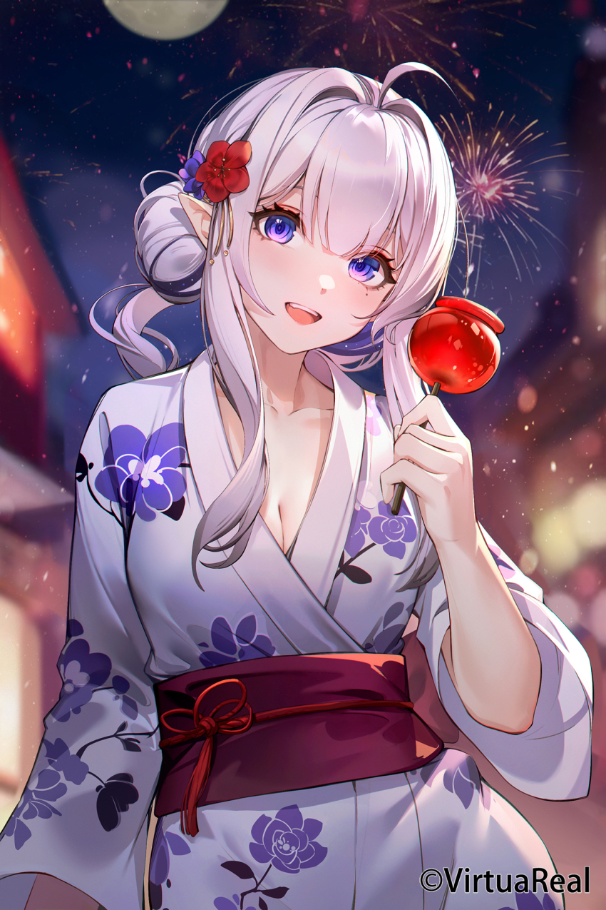 blush breasts candy_apple cleavage fireworks floral_print floral_print_kimono food hair_between_eyes highres holding_candy_apple japanese_clothes kimono long_sleeves medium_breasts mole mole_under_eye moon multicolored_hair night night_sky nijisanji open_mouth pointy_ears print_kimono purple_eyes q18607 rhea_(virtuareal) sky virtual_youtuber virtuareal white_hair white_kimono