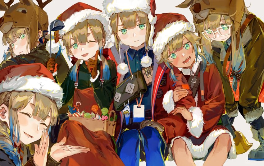 2boys 4girls absurdres androgynous animal_costume baker_nemo_(fate) baker_nemo_(santa)_(fate) blue_hair blue_leggings blue_pantyhose braid candy captain_nemo_(fate) captain_nemo_(santa)_(fate) closed_eyes down_jacket engineer_nemo_(fate) engineer_nemo_(santa)_(fate) fate/grand_order fate_(series) food fur-trimmed_headwear fur_hat fur_trim glasses gradient_hair green_eyes hat highres holding holding_another&#039;s_arm holding_ladle jacket kuzen ladle leggings long_hair low-tied_sidelocks male_focus marine_nemo_(fate) marine_nemo_(santa)_(fate) multicolored_hair multiple_boys multiple_girls nemo_(fate) nurse_nemo_(fate) nurse_nemo_(santa)_(fate) one_eye_closed pantyhose professor_nemo_(fate) professor_nemo_(santa)_(fate) red_jacket reindeer_costume reindeer_hat santa_hat shirt shorts sidelocks sleeves_past_wrists smile twintails ushanka