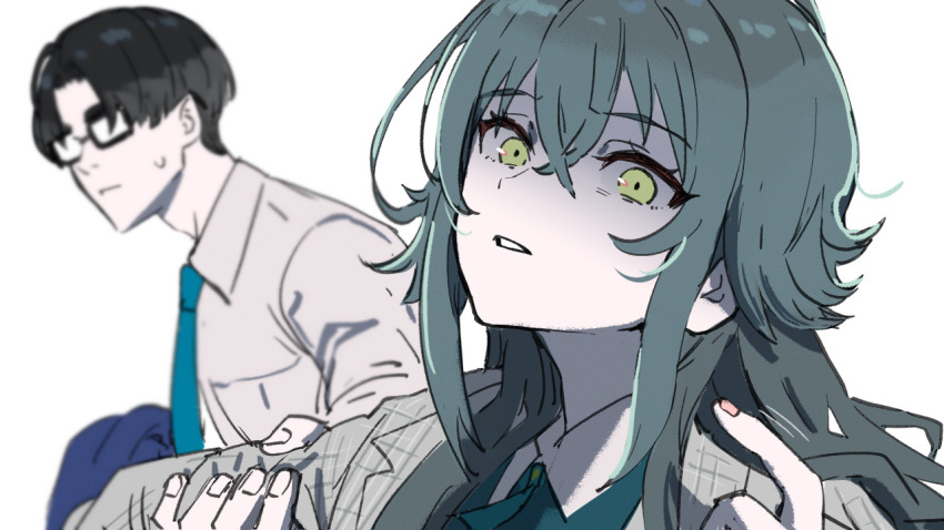 1boy 1girl beckoning black-framed_eyewear black_hair commentary_request fingernails gakuen_idolmaster glasses green_hair holding_another&#039;s_arm idolmaster kasasagi_(futagodori888) looking_at_viewer producer_(idolmaster) shaded_face shirt sweatdrop tsukimura_temari upper_body white_shirt