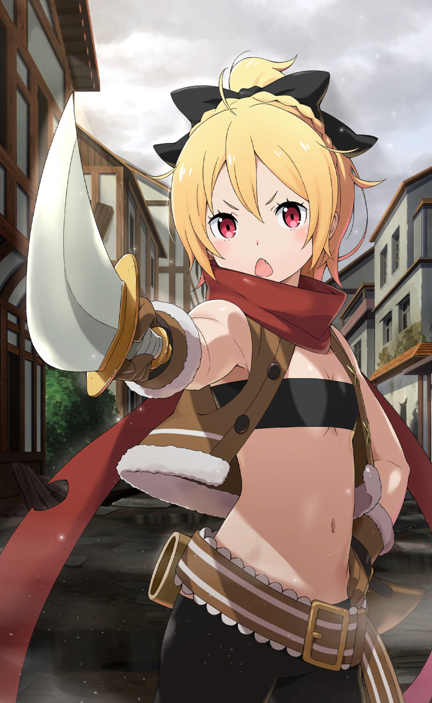 1girl asymmetrical_clothes bandeau belt_buckle black_bow black_bra black_pants blonde_hair blush bow bra braid breasts brown_gloves buckle chestnut_mouth cleavage cloud crown_braid day fang felt_(re:zero) fur-trimmed_gloves fur_trim gloves hair_between_eyes hair_bow highres looking_at_viewer midriff navel non-web_source official_art outdoors pants pointing_melee_weapon pointing_sword ponytail re:zero_kara_hajimeru_isekai_seikatsu re:zero_kara_hajimeru_isekai_seikatsu:_lost_in_memories red_eyes red_scarf running scarf short_hair single_pantsleg sky small_breasts solo standing stomach strapless strapless_bra sword torn_clothes torn_pants torn_scarf underwear v-shaped_eyebrows weapon