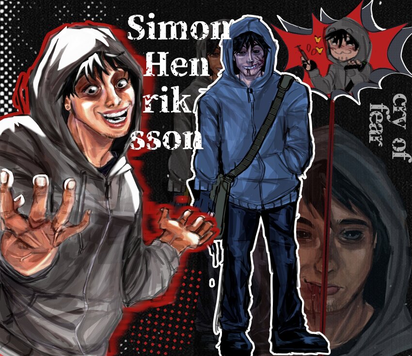 1boy absurdres bag black_eyes black_hair black_sclera blood blood_on_face blue_hoodie colored_sclera crazy_grin cry_of_fear dithering doodle_inset dual_persona english_text grey_hoodie gun hand_in_pocket handgun heart highres holding holding_gun holding_weapon hood hood_up hoodie looking_at_viewer male_focus movie_poster outline outstretched_arms outstretched_hand red_outline reiyi_idk shoulder_bag simon_henriksson simon_henriksson_(book) veins weapon