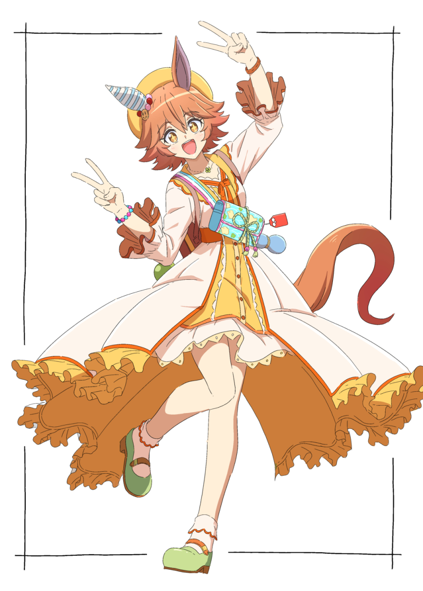 1girl animal_ears backpack bag breasts brown_eyes destino double_v dress ear_covers ear_ornament flipped_hair full_body hair_between_eyes highres horse_ears horse_girl horse_tail long_sleeves looking_at_viewer matikanefukukitaru_(good_omen_first_storm)_(umamusume) matikanefukukitaru_(umamusume) medium_breasts official_alternate_costume open_mouth orange_hair single_ear_cover smile solo tail umamusume v white_dress