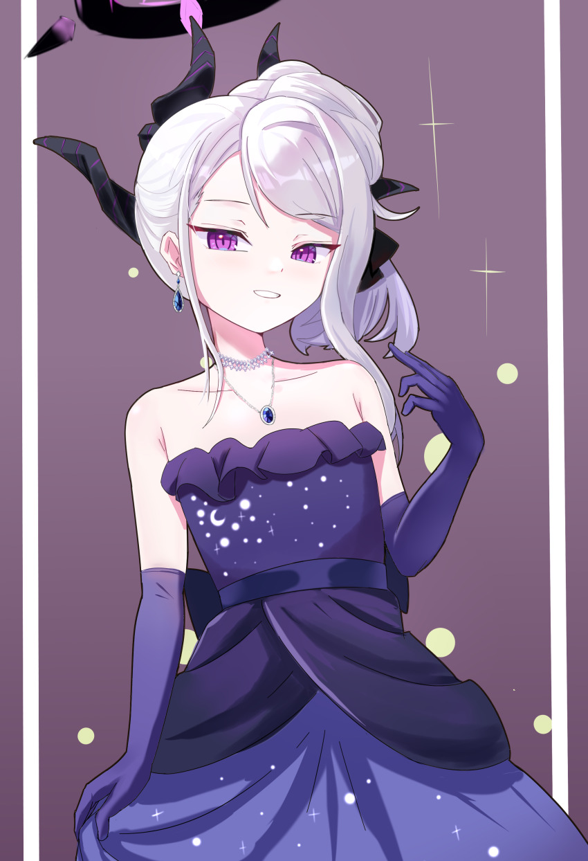 1girl absurdres bare_shoulders black_halo black_horns blue_archive blue_gemstone chinese_commentary collarbone commentary cowboy_shot demon_girl demon_horns dress earrings elbow_gloves floating_earring formal_clothes gem gloves grin halo hand_up highres hina_(blue_archive) hina_(dress)_(blue_archive) horns jewelry long_hair looking_at_viewer mixian multiple_horns necklace official_alternate_costume official_alternate_hairstyle purple_dress purple_eyes purple_gloves simple_background skirt_hold slit_pupils smile solo strapless strapless_dress tsurime white_hair