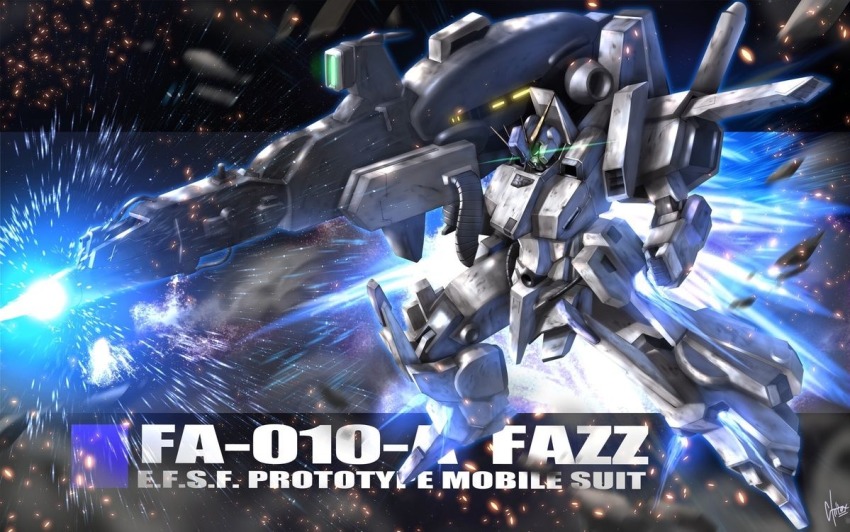 artist_request asteroid beam_cannon cable character_name energy_beam fazz_(gundam) firing gundam gundam_sentinel machinery mecha mecha_focus mobile_suit motion_blur no_humans realistic robot space sparks thrusters v-fin